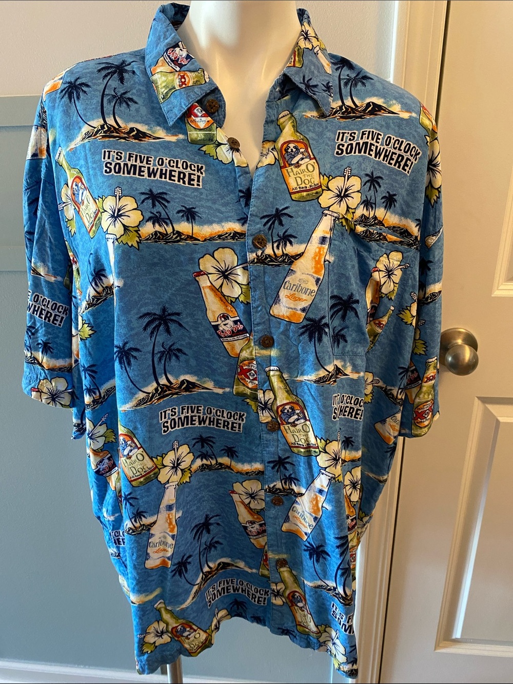 Big Dogs Blue Tropical Button-Down Camp Shirt with Island Bottle Print